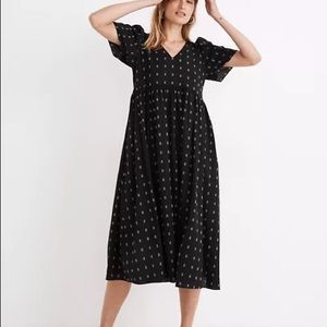 Dobby Puff-Sleeve V-Neck Midi Dress